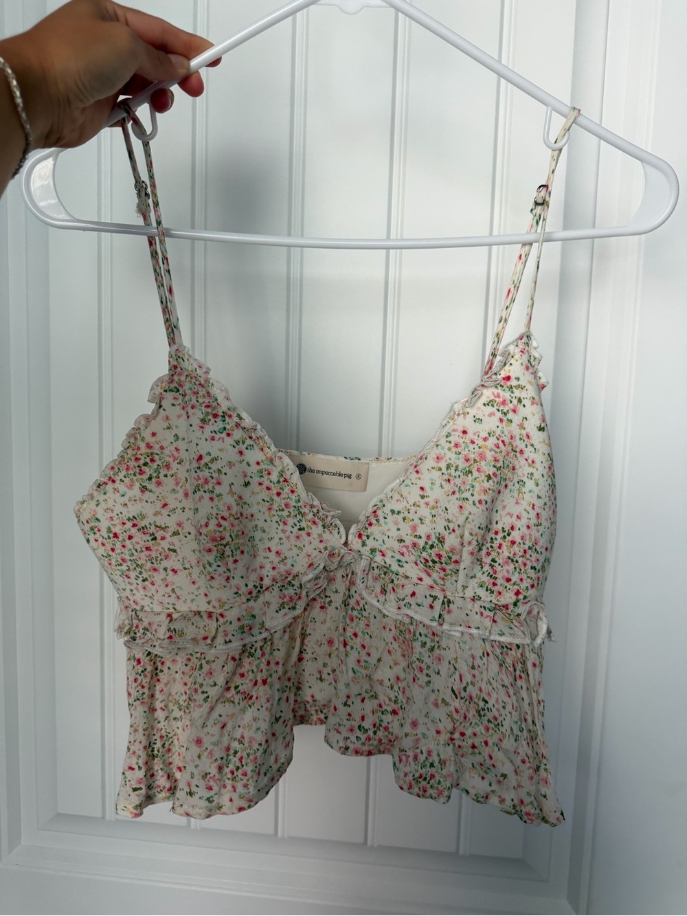 The Impeccable Pig Cream Floral Ruffle tank top